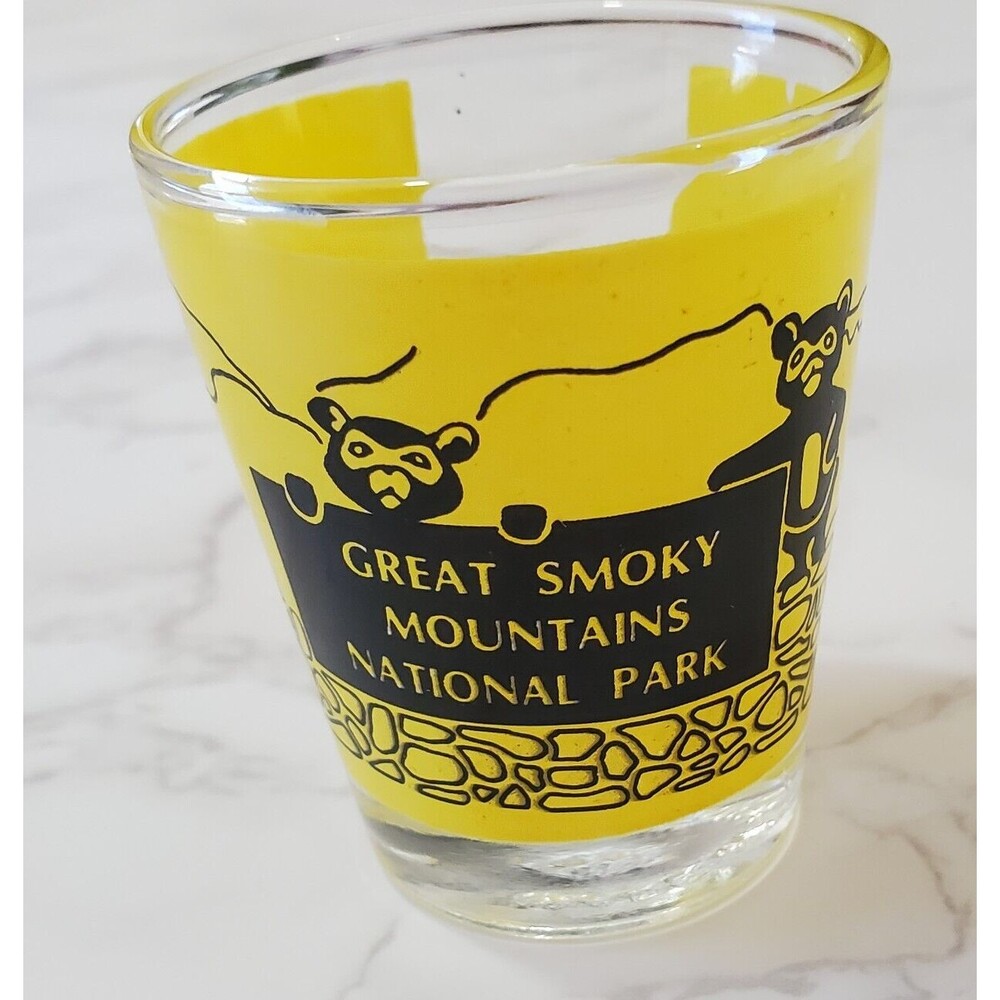 Vintage Shot Glass Great Smoky Mountains National Park Yellow Black Bears